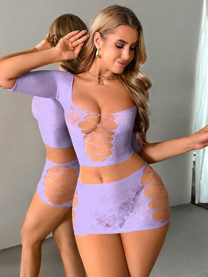 Conjunto de lencería sexy para mujer, top de malla elástica de talla grande y minifalda en conjunto de 2 piezas, adecuado para fiestas, discotecas, clubes