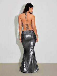 TRNVIE Women's  Silver PU Leather Metallic Spaghetti Strap Backless Camisole Top And Low Waist Pleated Mermaid Maxi Skirt 2 Pieces Set, Vacation, Party, Sexy, Elegant, Romantic Club Outfit, Autumn/Winter - Silver - View 2
