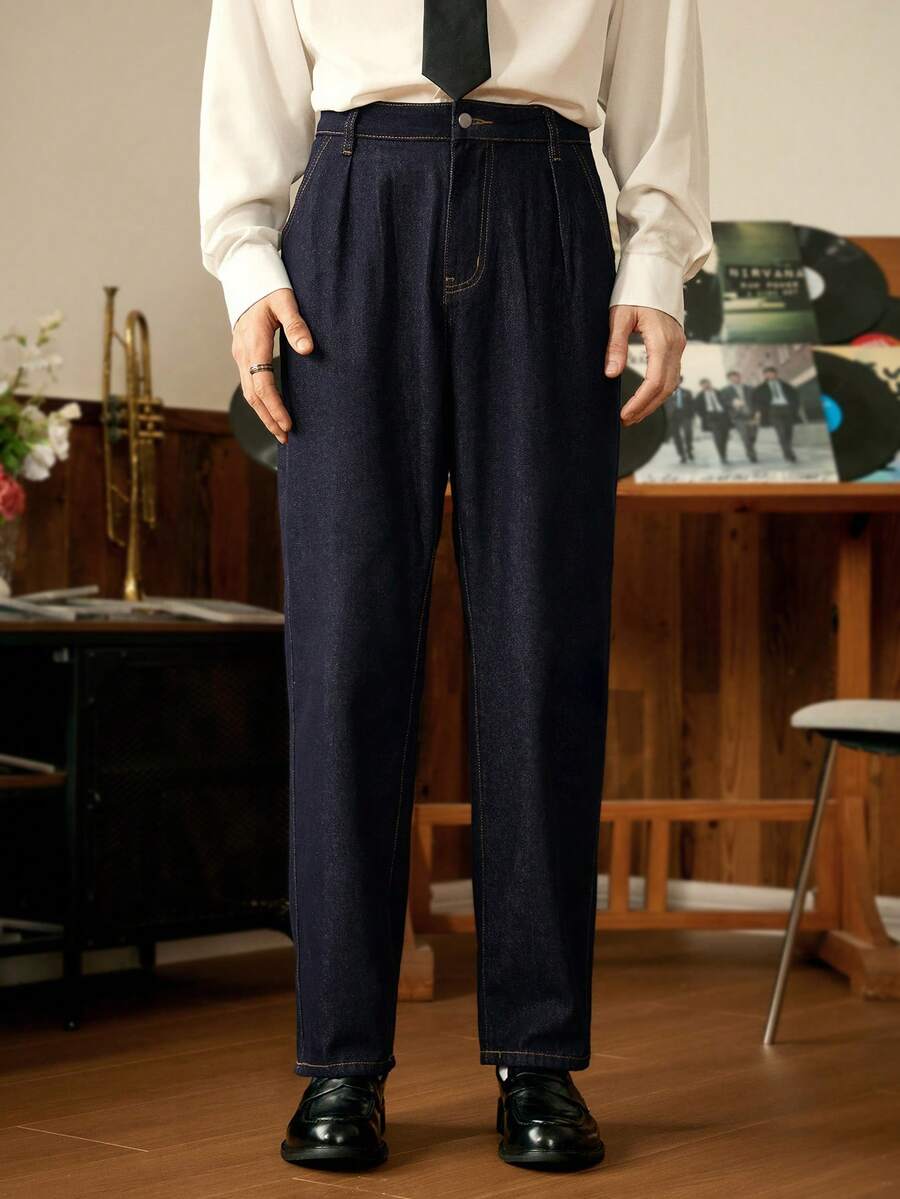 RivetRise Quần jeans ống đứng xếp ly cổ điển, dáng ôm, thường ngày dành cho nam, mùa thu - Màu xanh lam - Xem 1