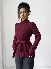 SHEIN Elenzya 冬季中长款高领针织毛衣，收腰设计 - 酒紅色 - 查看 6