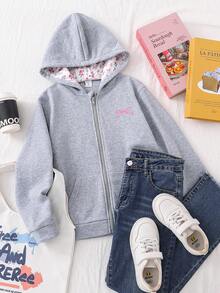 女童可爱甜美花卉蝴蝶结印花双层拉链口袋宽松夹克，休闲百搭，秋冬 - 灰色 - 查看 3