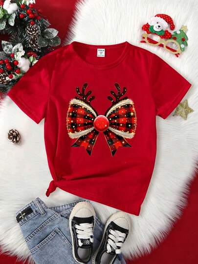 SHEIN 1 件圣诞快乐女孩休闲可爱蝴蝶结和鹿角印花圆领短袖 T 恤，圣诞派对红色上衣