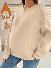 SHEIN 孕妇纯色圆领落肩长袖休闲宽松哺乳运动衫 - 卡其色 - 查看 3
