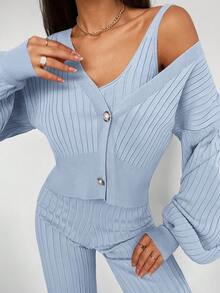 EURMUSE 女式休闲简约纯色针织背心、开衫和裤子三件套，秋冬