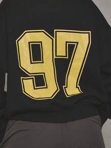 MUSERA 超大后背图案缝线细节连帽衫，酷女孩街头风日常款，1998年 - 黑色 - 查看 5