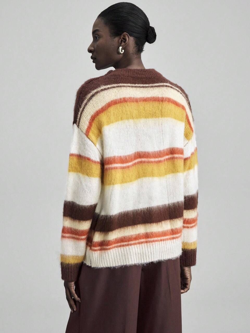 Women's White And Yellow Striped Fuzzy Knit Sweaters,Autumn Casual Occasion Pullover Jumper,Old Money Style High-End Urban Commuting Office Wear