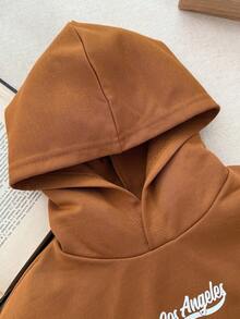 Blossori 2pcs Boys French Elegant Letter Graphic Hoodie Sweatshirt And Jogger Pants Set - Brown - View 5