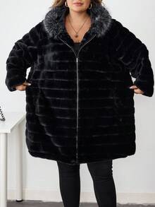 SHEIN CURVE+ 大码女式蓬松仿毛领冬季大衣 - 黑色 - 查看 5