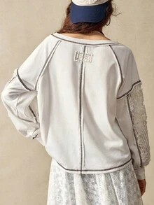 Bohemela Áo nỉ dệt kim chắp vá cổ tròn tay dài rộng rãi giặt sạch dành cho nữ - trắng - Xem 5