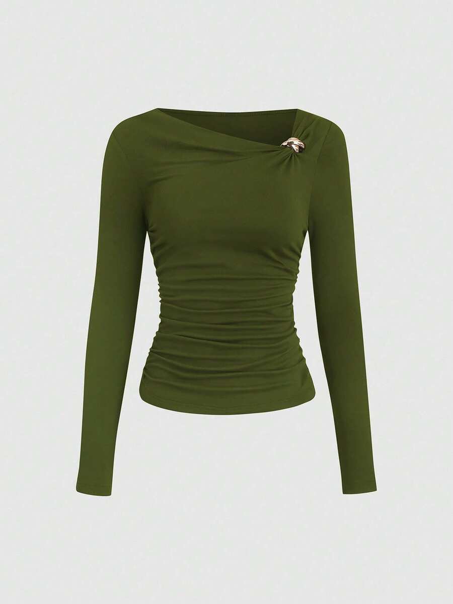 Sweetra 复古美式设计不对称肩部 T 恤，修身时尚女式秋季 T 恤 - 墨綠色 - 查看 1