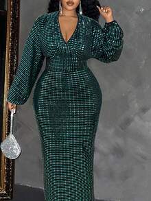 Maweii 大码女式优雅亮片深V领长袖连衣裙 女式长裙 雪花、拐杖糖、冬青、圣诞节 - 綠色 - 查看 3