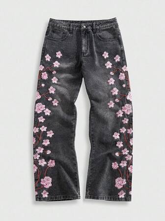 Street Life Jeans di jeans vintage da uomo con ricamo floreale