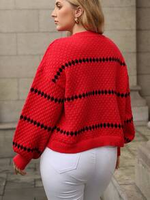 EMERY ROSE Christmas 1pc Women Plus Size Round Neck Contrast Stripe Casual Fashion Drop Shoulder Lantern Sleeve Pullover Sweater - Multicolor - View 2