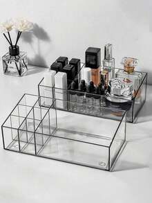 1pc Desktop Transparent PET Makeup Organizer Box, Multi-Compartment Lipstick & Cosmetics Storage Display Tray,For Holiday Beach, Bathroom Collection, Bedroom Collection, Large Capacity - Clear - View 1