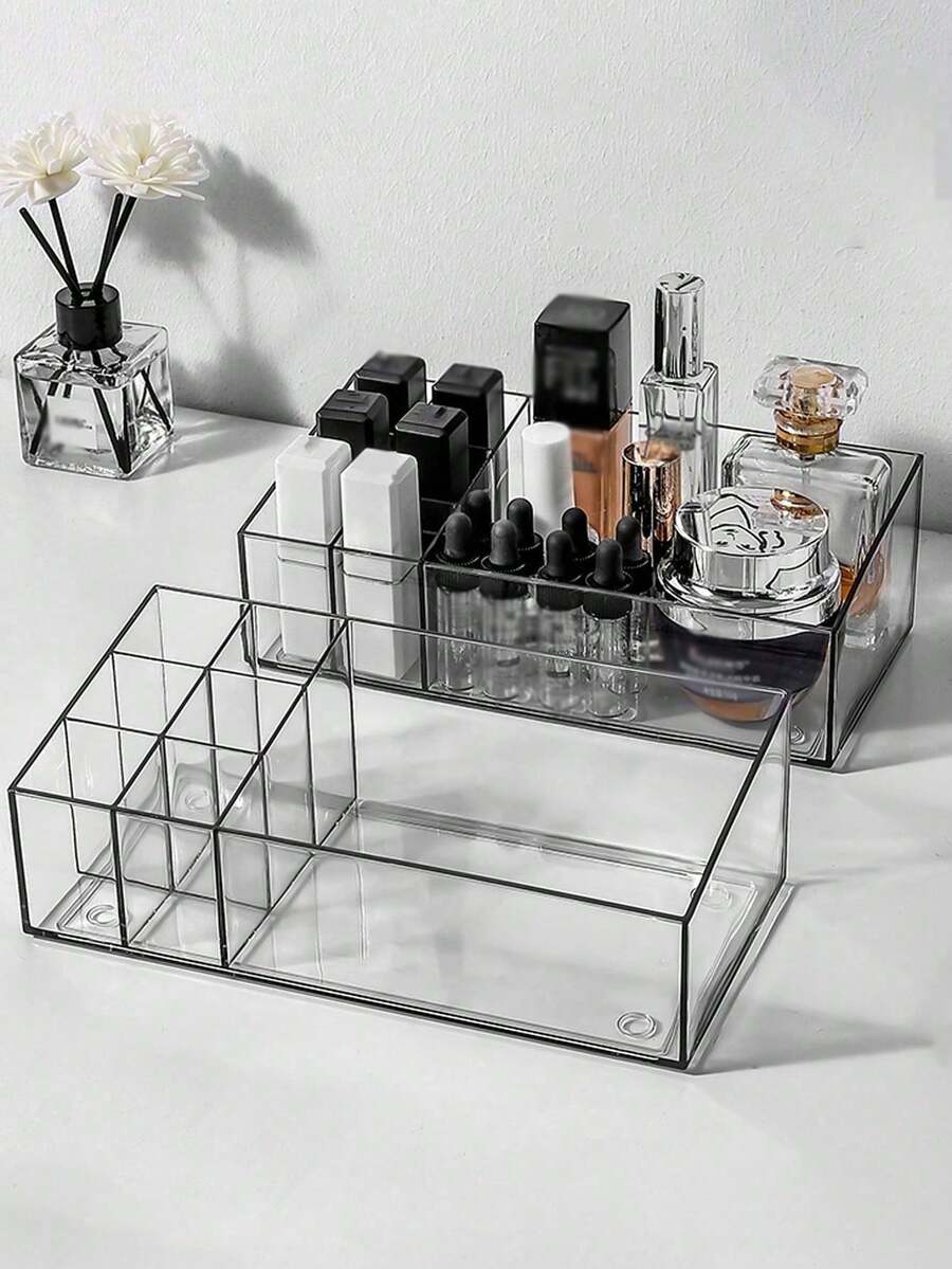 1pc Desktop Transparent PET Makeup Organizer Box, Multi-Compartment Lipstick & Cosmetics Storage Display Tray,For Holiday Beach, Bathroom Collection, Bedroom Collection, Large Capacity - Clear - View 1