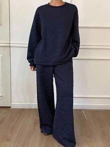 Livesso 2pcs Women's Thick, Loose, Business Casual Textured Houndstooth Crew Neck Sweatshirt And Wide Leg Pants Set, Suitable For Office Wear, Autumn/Winter Lounge Sets For Women - Navy Blue - View 5
