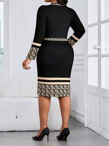 SHEIN Lady Elegant Thanksgiving New Year Black Party Dress New Year Dress Elegant Dresses For Party Luxury Evening Dresses For Women One-Piece Dress Ladies Autumn Winter Christmas Plus Size Geometric Print Fitted Sheath Dress, Suitable For Commuting Long Sleeve Elegant Dress Luxury Dress For Women Bodycon Plus Size Dress Curve Elegant Dress Bandage Dress For Women Bodycon Elegant Dress