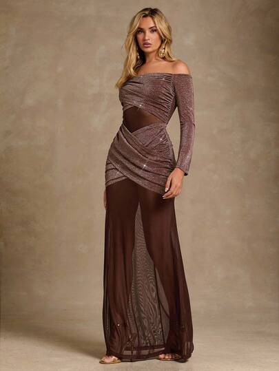 Glamine Sexy Front Criss-Cross Design Party Long Sleeve Dress For Women