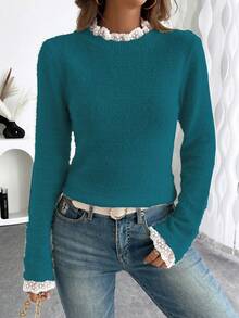 EMERY ROSE Fashionable & Sweet Lace Collar Soft Faux Fur Pullover Sweater, Versatile For Autumn/Winter - Teal Blue - View 5