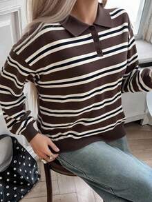Livesso Women's Autumn Retro Striped Turtleneck Sweater - Coffee Brown - View 3