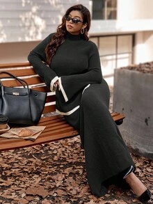 Vionelle Plus Size Women Elegant White Autumn Knit Top And Skirt Set,French Style Everyday Modest 2 Piece Sweater Dresses,Versatile Curve Fashionable Commuting - Black - View 6