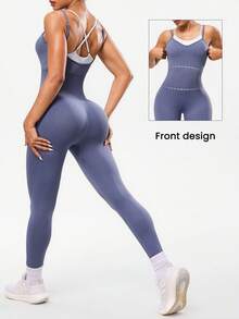 Seamluxe SHEIN Sport 女式纯色交叉后背无缝连体裤 - 灰色 - 查看 1