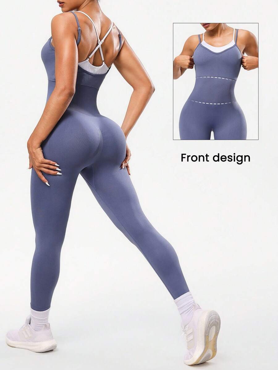 Seamluxe SHEIN Sport 女式纯色交叉后背无缝连体裤 - 灰色 - 查看 1