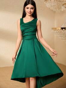 Elegant Elegant Luxurious Dark Green Sleeveless V-Neck Ruched Waist Slim Pleated Dress, Suitable For Teenagers (Girls) - Dark Green - View 1