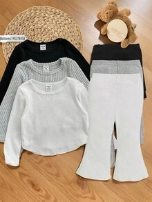 SHEIN LMoss Kids Cute Baby Girl Black And White T-Shirt Pack,Casual Holiday Autumn Round Neck Asymmetrical Hem Babydoll Top,Simple Vintage Style Birthday Party Suit - Black - View 1