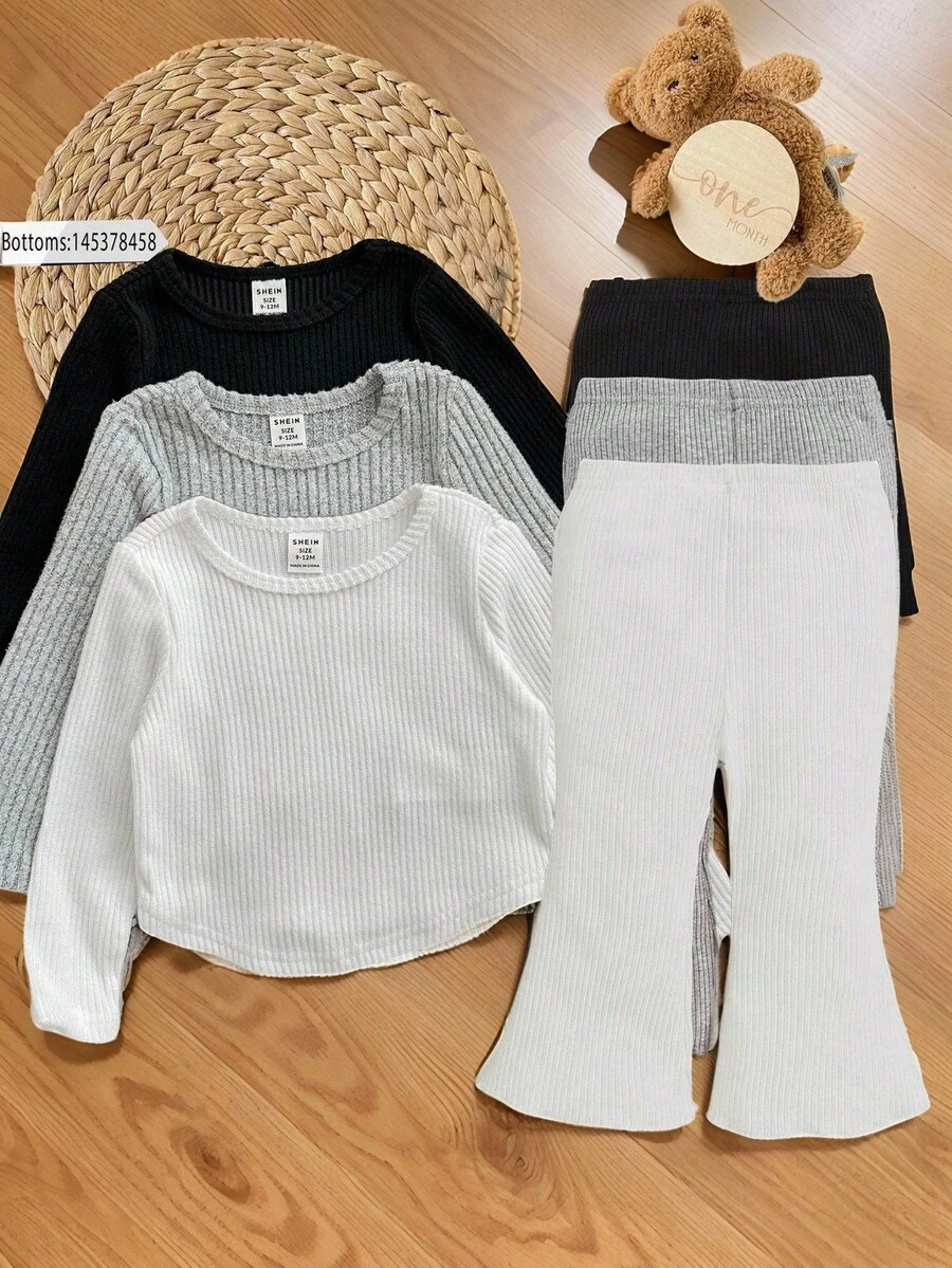 SHEIN LMoss Kids Cute Baby Girl Black And White T-Shirt Pack,Casual Holiday Autumn Round Neck Asymmetrical Hem Babydoll Top,Simple Vintage Style Birthday Party Suit - Black - View 1
