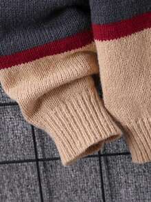 Tween Boy Striped Contrast Color Thick Casual Preppy Loose Pullover Knit Sweater,Grey,Autumn,School,Back-To-School,Soft Comfortable,Winter Kids Play - Khaki - View 5