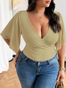 Vionelle Stylish Sexy Criss-Cross V-Neck Short Sleeve T-Shirt For Women, Summer Design Minimalist Ruched Waist Niche Crop Top - Khaki - View 6