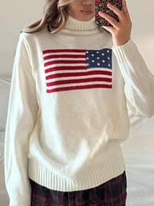SHEIN Teen Girl American Flag Pattern Turtleneck Sweater Autumn Winter Clothes For Girl - Beige - View 2