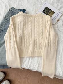 SHEIN Tween 女童休闲纯色圆领长袖麻花针织毛衣 女童短款针织上衣 短款毛衣 女童毛衣 女童针织上衣 秋冬女装 - 杏色 - 查看 3