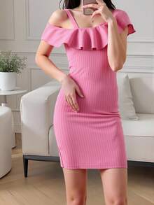 Teen Girls Asymmetrical Neck Ruffle Trim Rib-knit Dress - Pink - View 3
