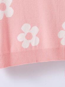 SHEIN Tween Girl 花卉印花圆领长袖毛衣，日常休闲 - 粉色 - 查看 3