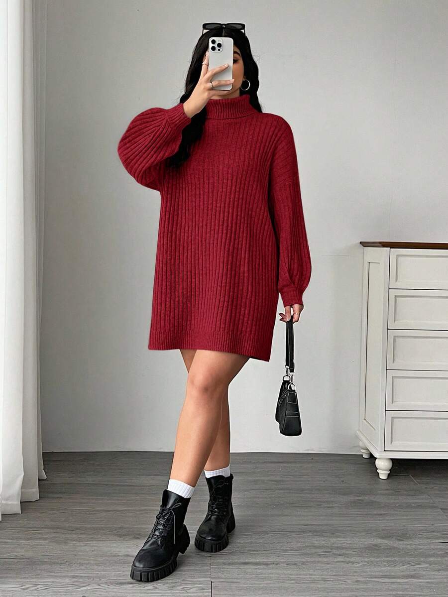 SHEIN EZwear 大码高领宽松粗针织灯笼袖毛衣裙,秋冬 - 紅色 - 查看 1
