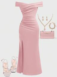 SHEIN Girlism Robe de fille adolescente de couleur unie avec épaules dénudées, froncée, avec ourlet croisé fendu en queue de poisson. Convient à diverses occasions, style retour à l'école/campus, fêtes