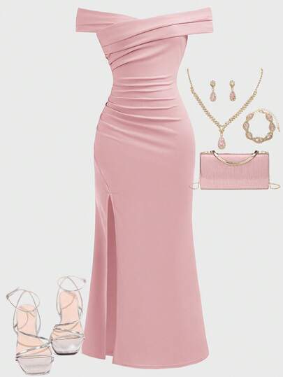 SHEIN Girlism Tonårsflicka Enfärgad Off-Shoulder-klänning med rynkor, korsad fåll och slits, fisktailklänning, Lämplig för olika tillfällen, Tillbaka till skolan/Campus-stil, Fester