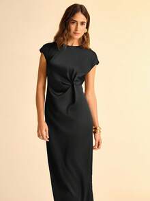 CAJUNI 女士度假热带休闲棕色短袖褶饰腰部扭纹中长连衣裙 - 黑色 - 查看 4