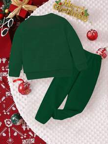 SHEIN 圣诞快乐幼儿男童休闲时尚创意卡通可爱圣诞小狗动物印花圆领运动衫和裤子两件套，秋季服装 - 墨綠色 - 查看 2