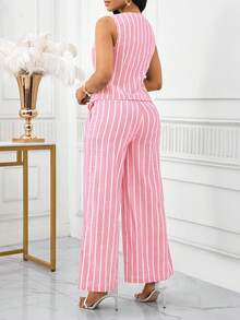 SHEIN Lady Bộ đồ 2 món dành cho nữ cỡ lớn, gồm áo kẻ sọc một hàng cúc và quần ống rộng, kiểu dáng thường ngày. - Hồng - Xem 2