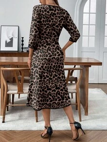 EMERY ROSE 女式豹纹圆领七分袖优雅中长连衣裙 - 白色 - 查看 2