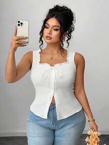 Elenzga Plus Size Casual Solid Color Front-Button Cami Top, Summer - White - View 3