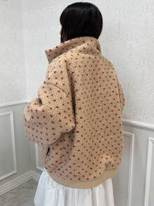 FRIFUL 女士立领落肩长袖心形下摆抽绳宽松休闲百搭常规外套，秋冬女式外套 - 杏色 - 查看 7