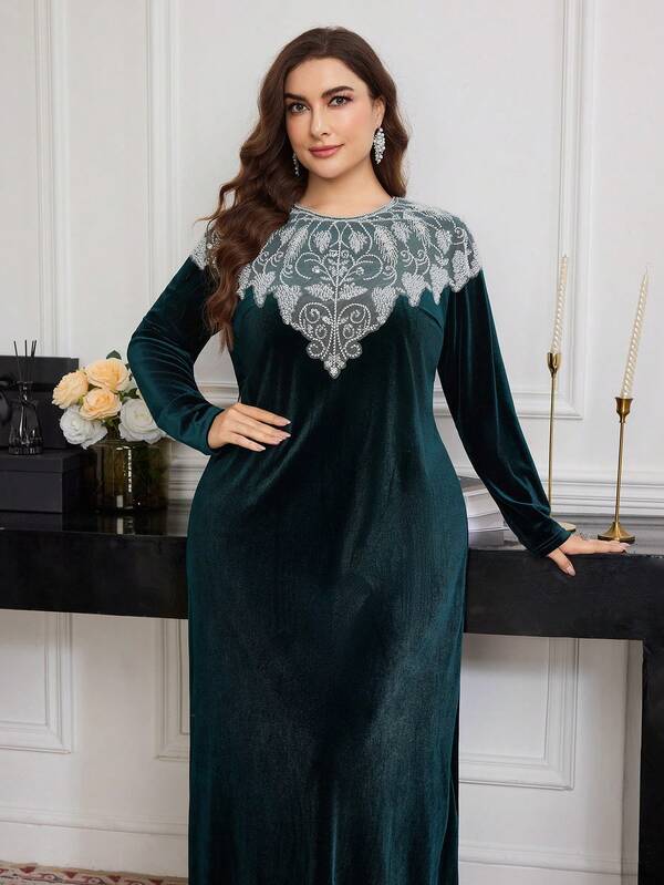 Al Najma Große Größen Elegantes Samtkleid mit Perlen-Kragen und Blumenmuster, Loose Regular Schnitt für Damen, Frühling/Herbst