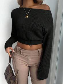 Aloruh New Fashionable Asymmetric-Shoulder Casual Striped Long Sleeve T-Shirt, Asymmetric Shoulder Design, Loose Top, Tight Bottom, Slimming, Apricot Color,Black Top