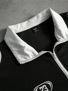 PAVTROS Áo thun polo nam trơn màu có họa tiết chữ, khóa kéo phía trước, áo thun polo nam tay dài cổ bẻ thu đông, thời trang đường phố INS, phong cách đua xe Y2K, quà tặng hoàn hảo cho bạn trai Áo thun đua xe nam tay dài Áo thun đua xe Áo thun thể thao đua xe - Đen và trắng - Xem 3