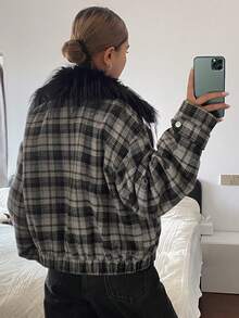 DAZY Veste ample en mélange de laine à col en fourrure patchwork à carreaux vintage, vêtement décontracté à manches longues pour femmes, automne/hiver Y2k - Gris - Voir 2