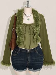 SHEIN ICON Áo khoác croptop buộc dây phía trước viền lông Y2k màu đen Plus dành cho nữ mùa thu đông - xanh quân đội - Xem 1